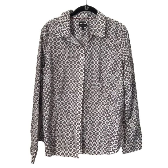 Talbots Shirt Size 16 White Geo Pattern Button Up Wrinkle Resistent Long Sleeve - Picture 1 of 9